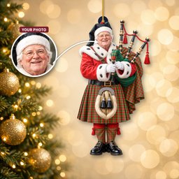 ScotsTee Shop Scottish Gartshore Tartan Ornament Christmas Piper with Custom Your Face Photo
