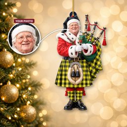 ScotsTee Shop Scottish Macleod Of Lewis Modern Tartan Ornament Christmas Piper with Custom Your Face Photo