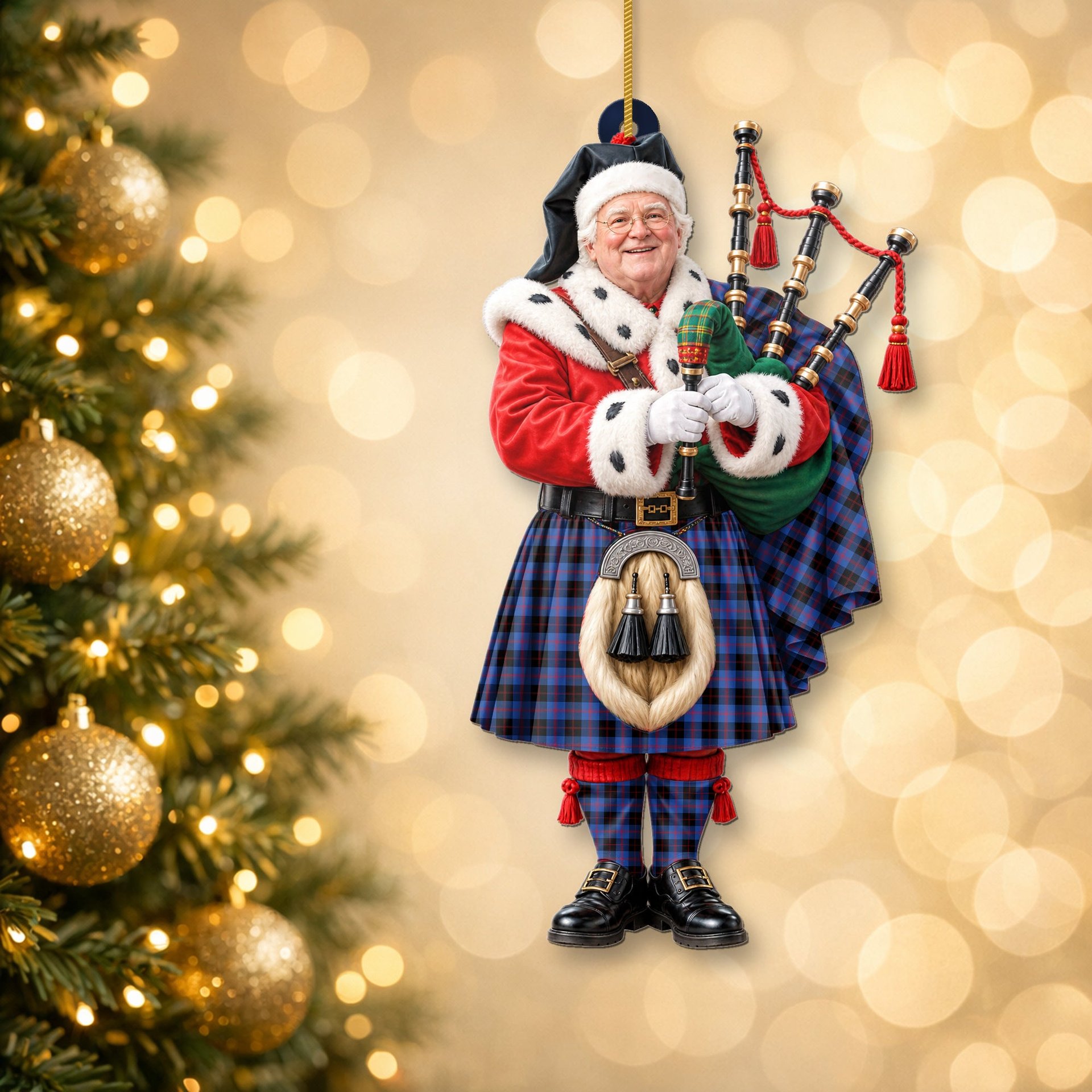 ScotsTee Shop Scottish Maule Tartan Ornament Christmas Piper with Custom Your Face Photo