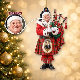 ScotsTee Shop Scottish Munro Modern Tartan Ornament Christmas Piper with Custom Your Face Photo