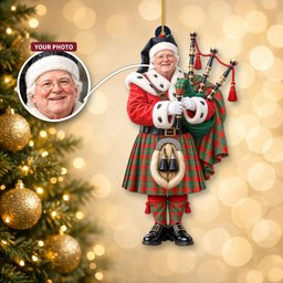 ScotsTee Shop Scottish Maccorquodale Tartan Ornament Christmas Piper with Custom Your Face Photo