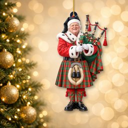 ScotsTee Shop Scottish Maccorquodale Tartan Ornament Christmas Piper with Custom Your Face Photo