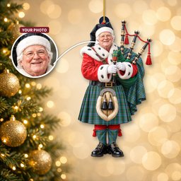 ScotsTee Shop Scottish Ogilvie Hunting Ancient Tartan Ornament Christmas Piper with Custom Your Face Photo
