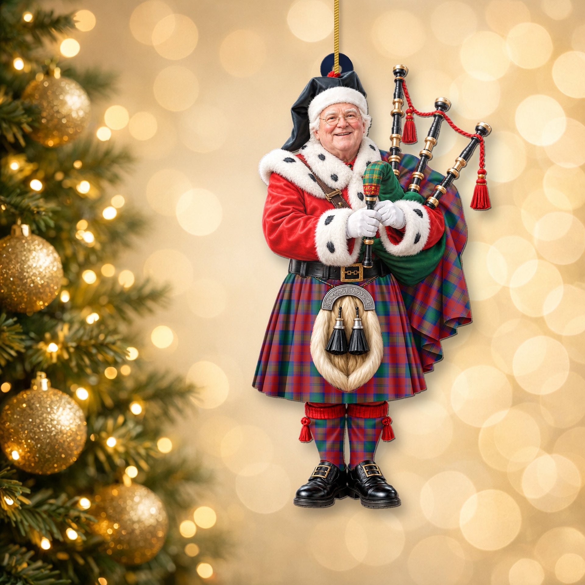 ScotsTee Shop Scottish Lindsay Modern Tartan Ornament Christmas Piper with Custom Your Face Photo