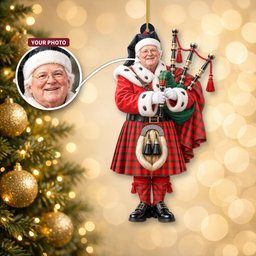ScotsTee Shop Scottish Macnab Modern Tartan Ornament Christmas Piper with Custom Your Face Photo