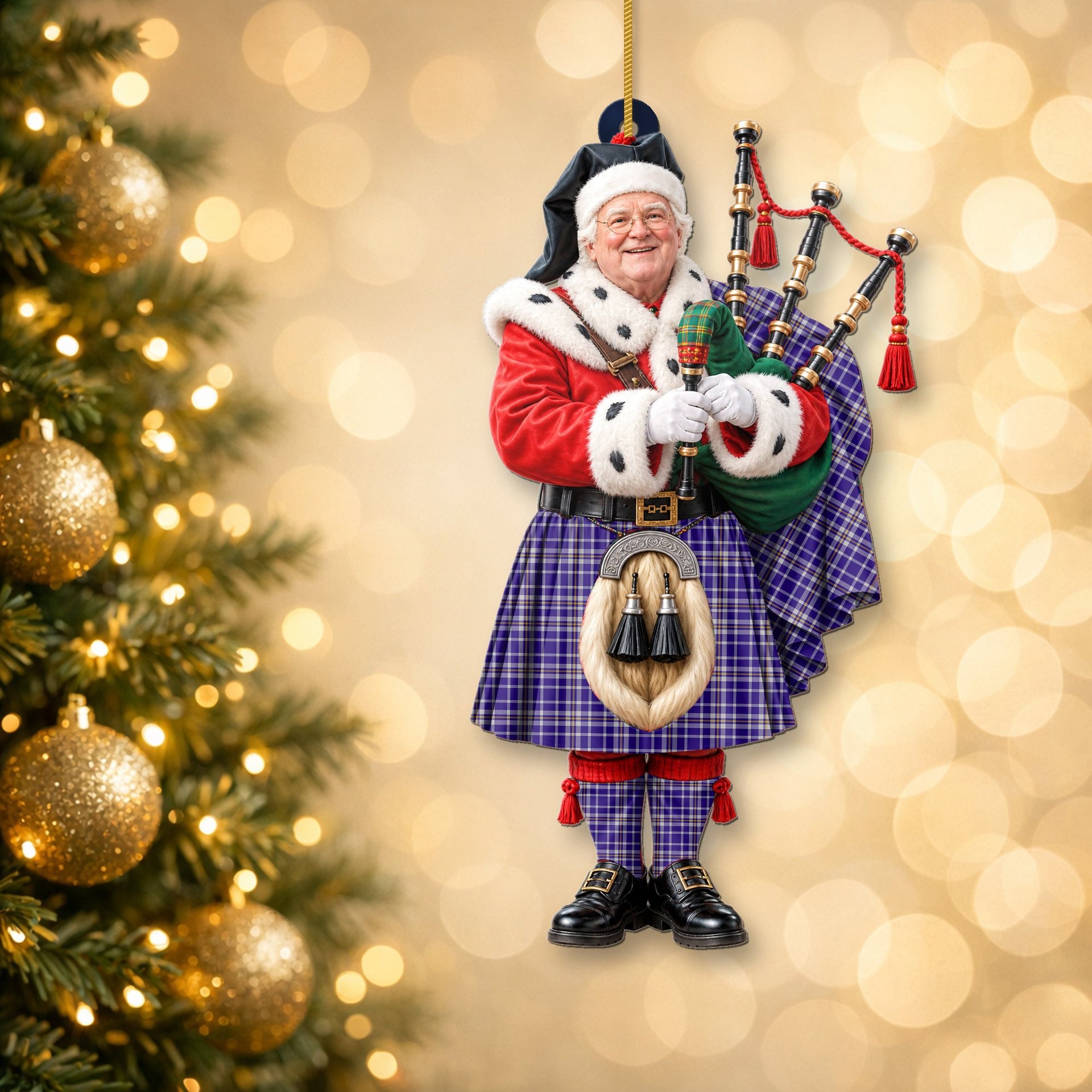 ScotsTee Shop Scottish Ochterlony Tartan Ornament Christmas Piper with Custom Your Face Photo