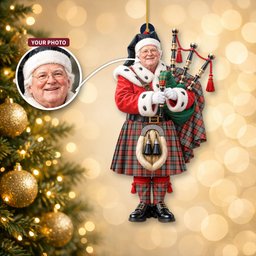 ScotsTee Shop Scottish Maclachlan Weathered Tartan Ornament Christmas Piper with Custom Your Face Photo
