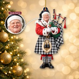 ScotsTee Shop Scottish Macfarlane Black White Tartan Ornament Christmas Piper with Custom Your Face Photo