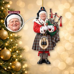 ScotsTee Shop Scottish Macrae Hunting Weathered Tartan Ornament Christmas Piper with Custom Your Face Photo