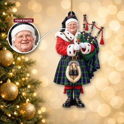 ScotsTee Shop Scottish Macthomas Modern Tartan Ornament Christmas Piper with Custom Your Face Photo