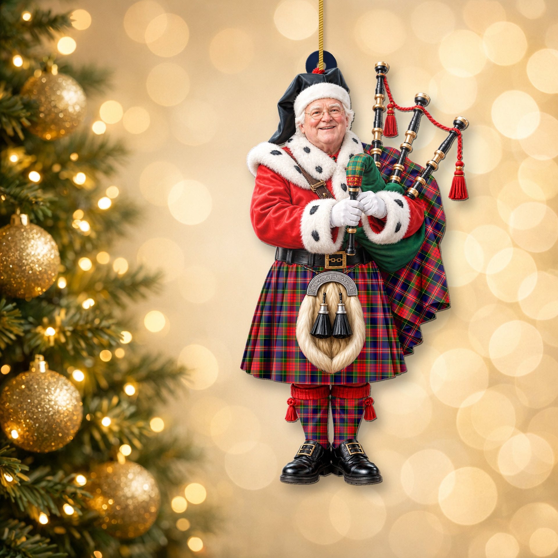 ScotsTee Shop Scottish Macpherson Modern Tartan Ornament Christmas Piper with Custom Your Face Photo