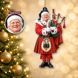 ScotsTee Shop Scottish Macdonald Of Sleat Tartan Ornament Christmas Piper with Custom Your Face Photo