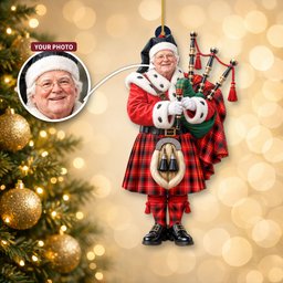 ScotsTee Shop Scottish Maciver Modern Tartan Ornament Christmas Piper with Custom Your Face Photo