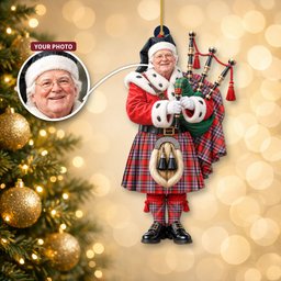 ScotsTee Shop Scottish Macfarlane Modern Tartan Ornament Christmas Piper with Custom Your Face Photo