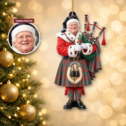 ScotsTee Shop Scottish Matheson Ancient Tartan Ornament Christmas Piper with Custom Your Face Photo