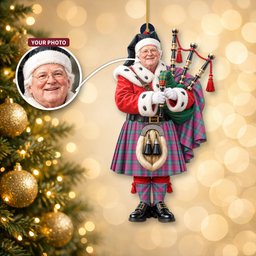 ScotsTee Shop Scottish Lindsay Ancient Tartan Ornament Christmas Piper with Custom Your Face Photo