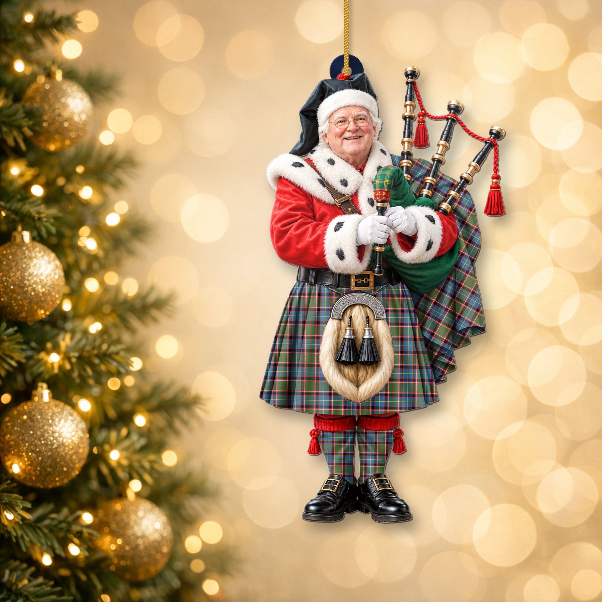 ScotsTee Shop Scottish Norvel Stirling Tartan Ornament Christmas Piper with Custom Your Face Photo