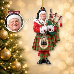 ScotsTee Shop Scottish Macgregor Modern Tartan Ornament Christmas Piper with Custom Your Face Photo