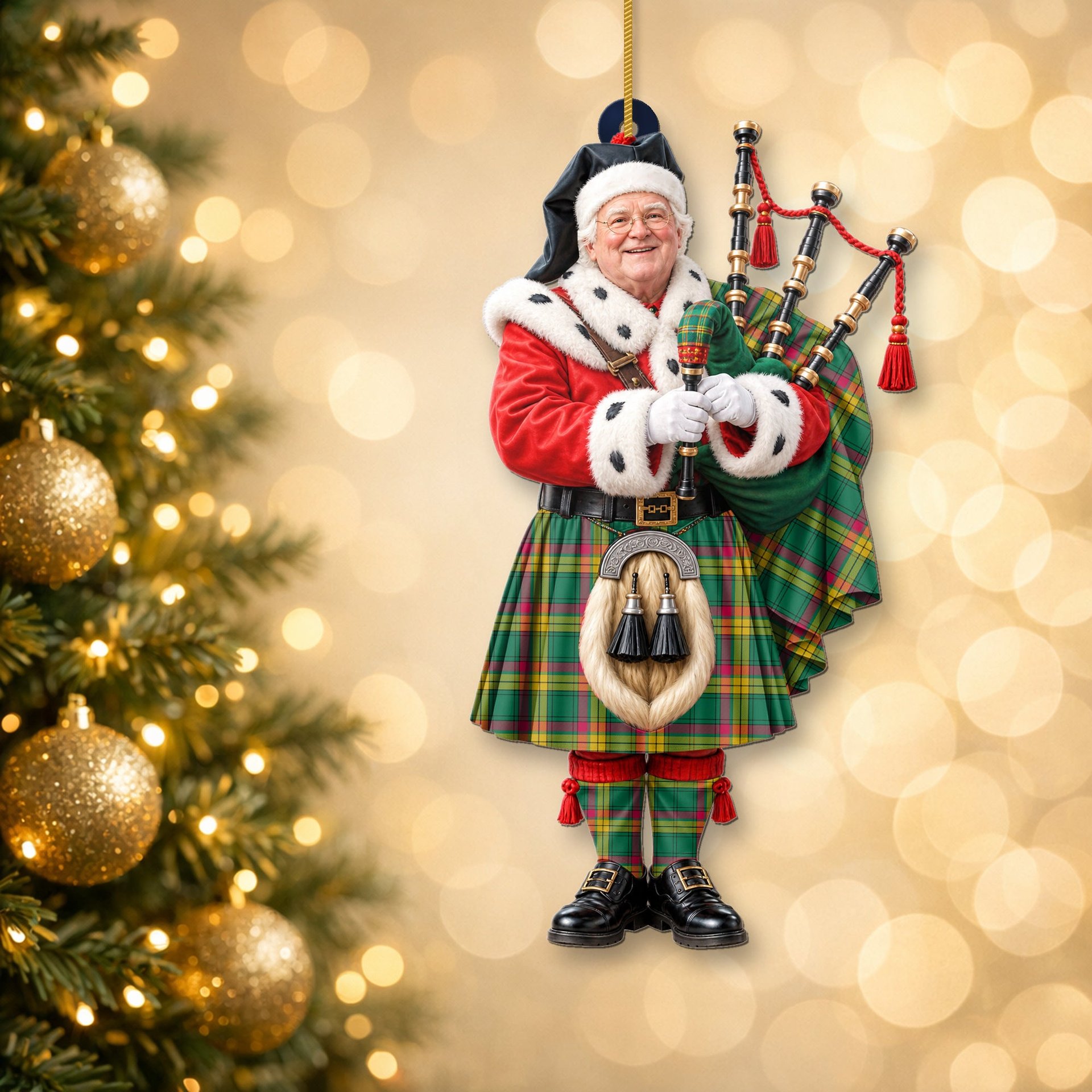 ScotsTee Shop Scottish Macmillan Old Ancient Tartan Ornament Christmas Piper with Custom Your Face Photo