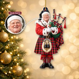 ScotsTee Shop Scottish Macnaughton Modern Tartan Ornament Christmas Piper with Custom Your Face Photo