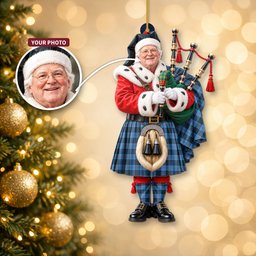 ScotsTee Shop Scottish Mackay Blue Tartan Ornament Christmas Piper with Custom Your Face Photo