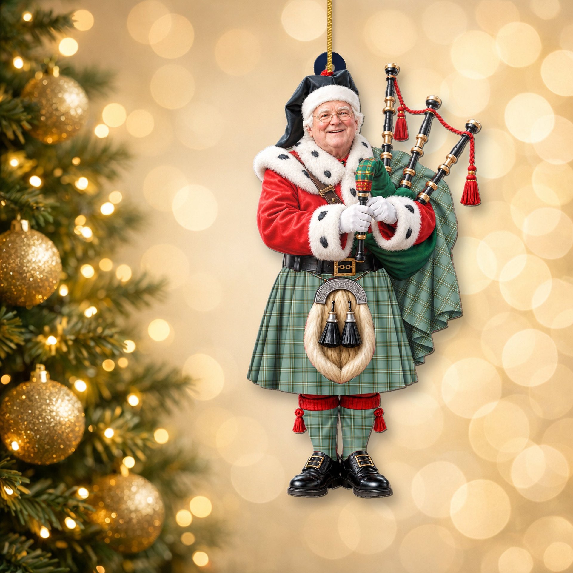 ScotsTee Shop Scottish Kelly Dress Tartan Ornament Christmas Piper with Custom Your Face Photo