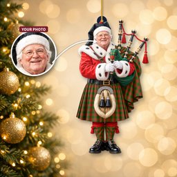 ScotsTee Shop Scottish Menzies Green Modern Tartan Ornament Christmas Piper with Custom Your Face Photo