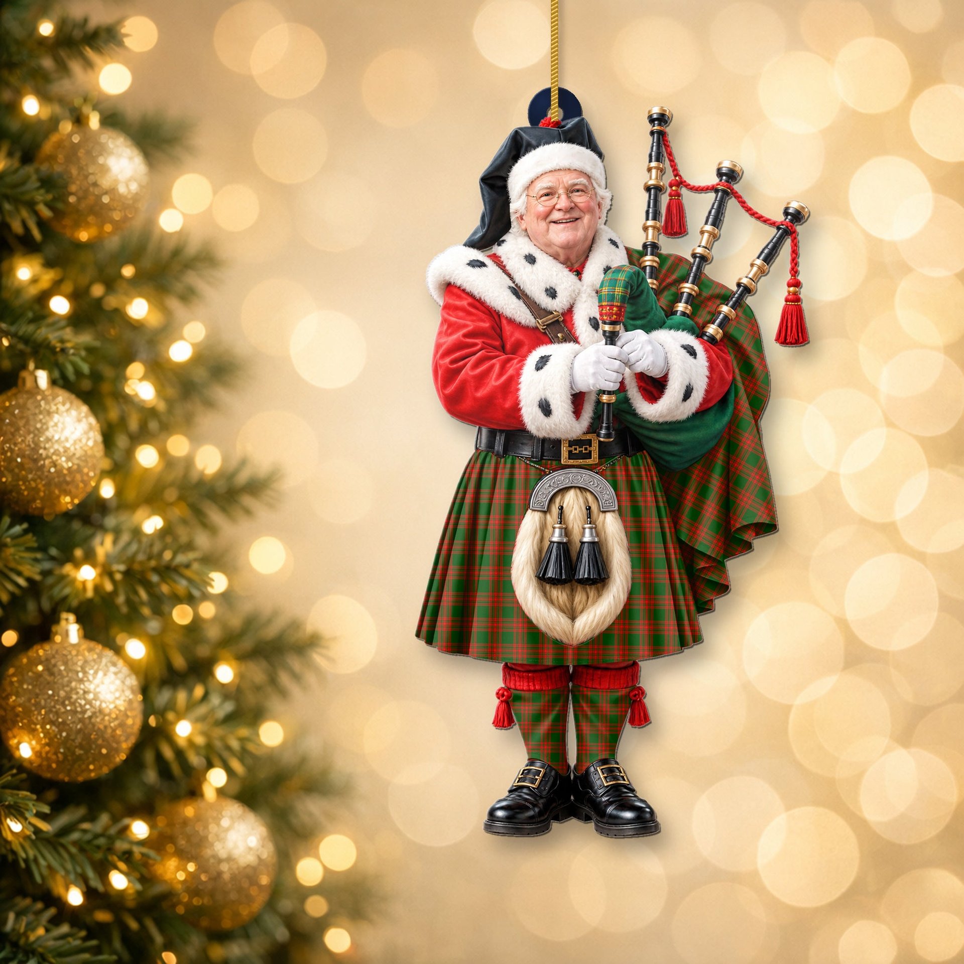 ScotsTee Shop Scottish Menzies Green Modern Tartan Ornament Christmas Piper with Custom Your Face Photo