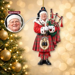 ScotsTee Shop Scottish Ross Modern Tartan Ornament Christmas Piper with Custom Your Face Photo
