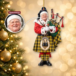 ScotsTee Shop Scottish Macleod Of Lewis Ancient Tartan Ornament Christmas Piper with Custom Your Face Photo