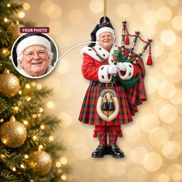 ScotsTee Shop Scottish Nicolson Modern Tartan Ornament Christmas Piper with Custom Your Face Photo