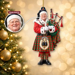 ScotsTee Shop Scottish Moncrieffe Tartan Ornament Christmas Piper with Custom Your Face Photo