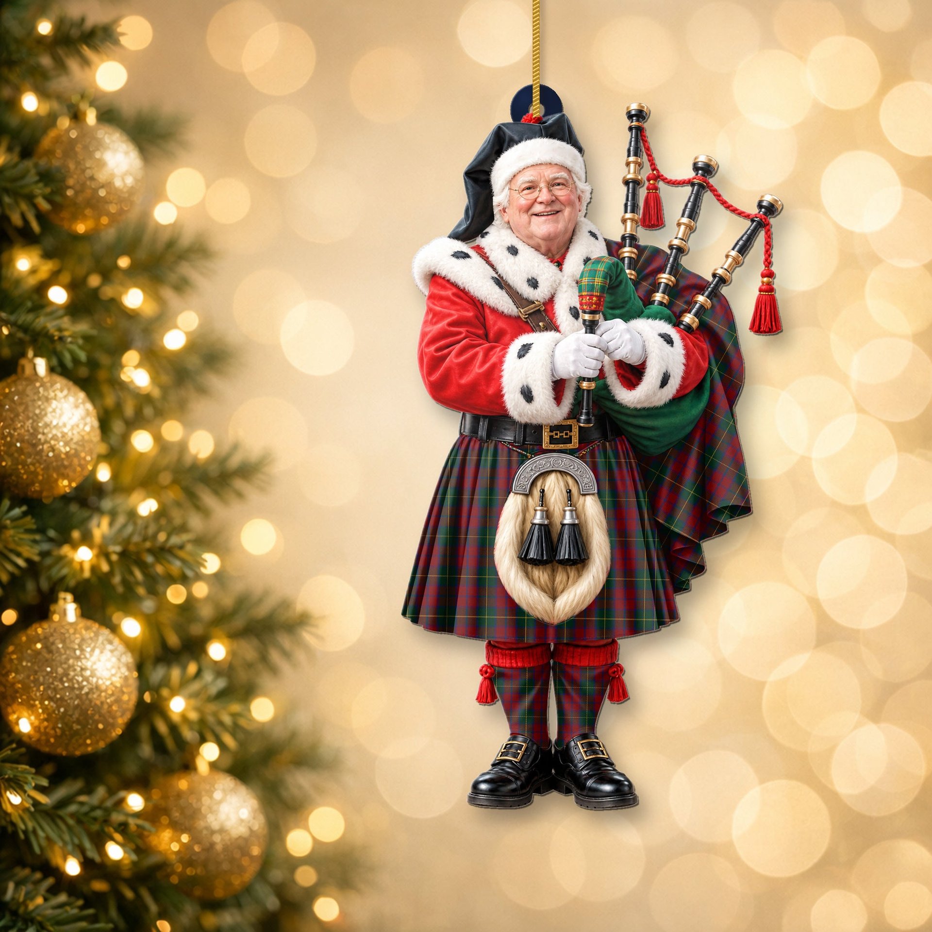 ScotsTee Shop Scottish Mccarthy Tartan Ornament Christmas Piper with Custom Your Face Photo