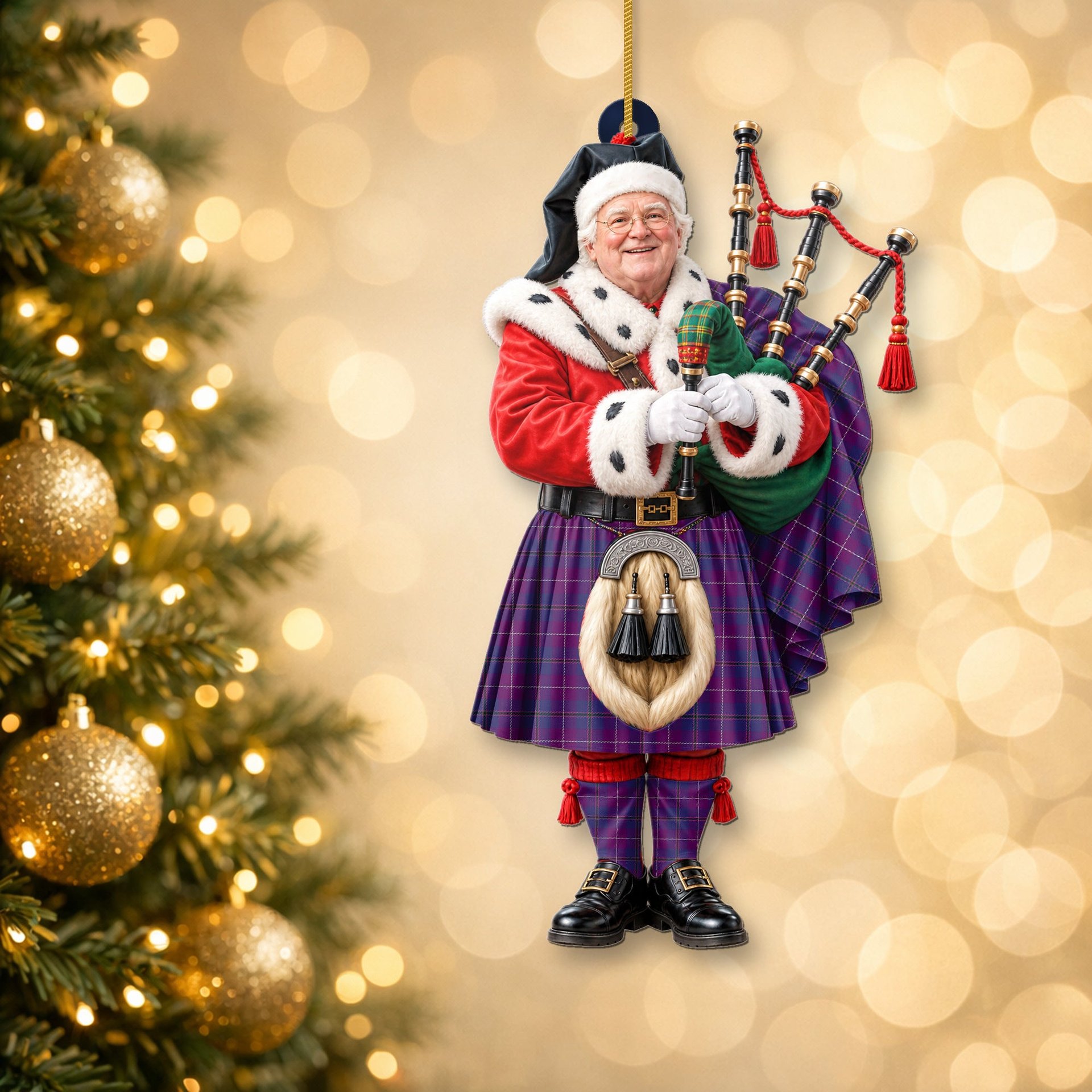 ScotsTee Shop Scottish Pride Of Glencoe Tartan Ornament Christmas Piper with Custom Your Face Photo