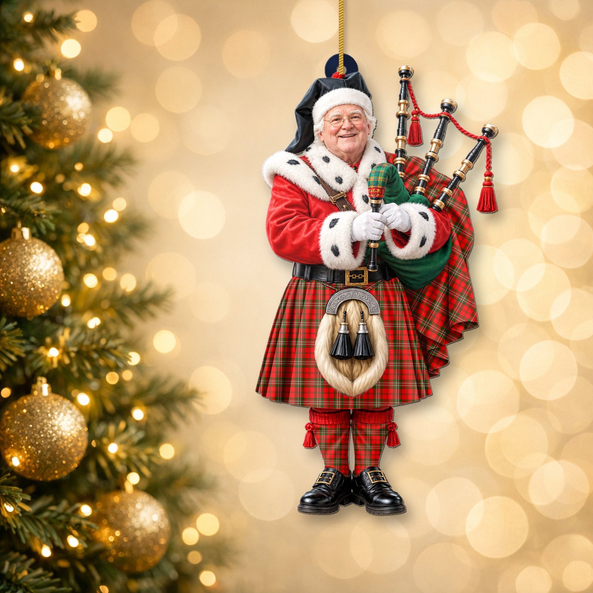 ScotsTee Shop Scottish Scott Modern Tartan Ornament Christmas Piper with Custom Your Face Photo