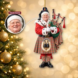 ScotsTee Shop Scottish Munro Ancient Tartan Ornament Christmas Piper with Custom Your Face Photo