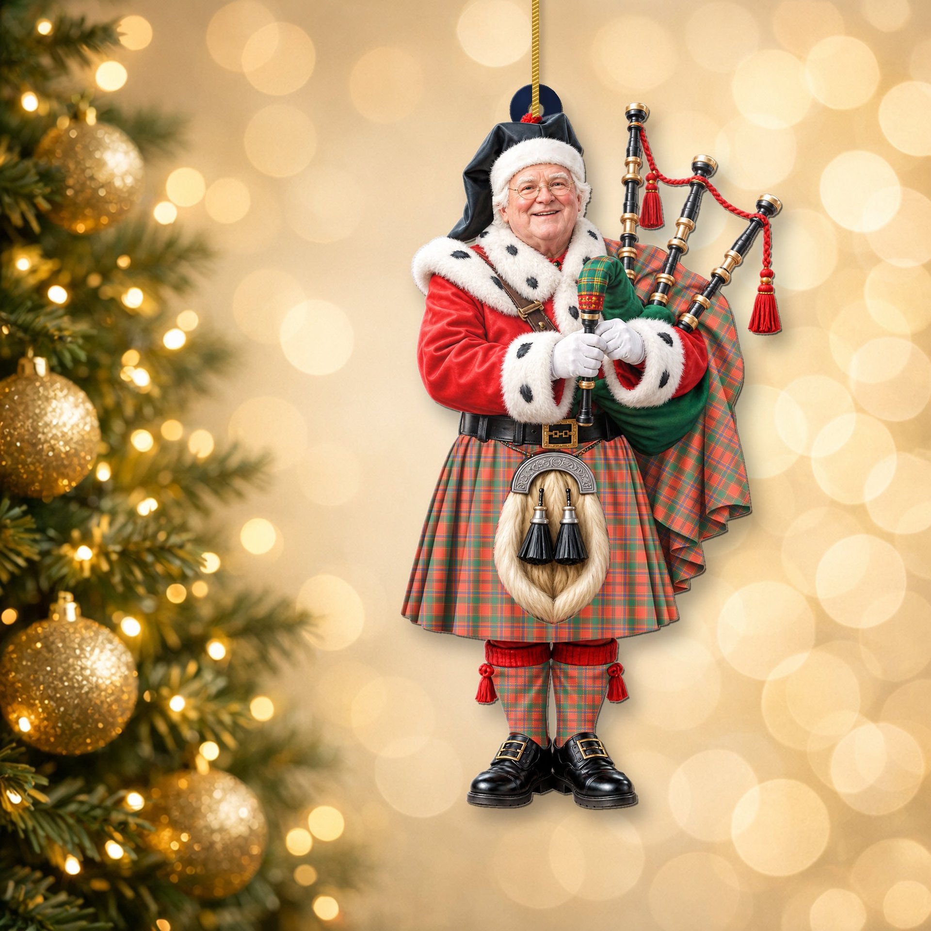 ScotsTee Shop Scottish Munro Ancient Tartan Ornament Christmas Piper with Custom Your Face Photo