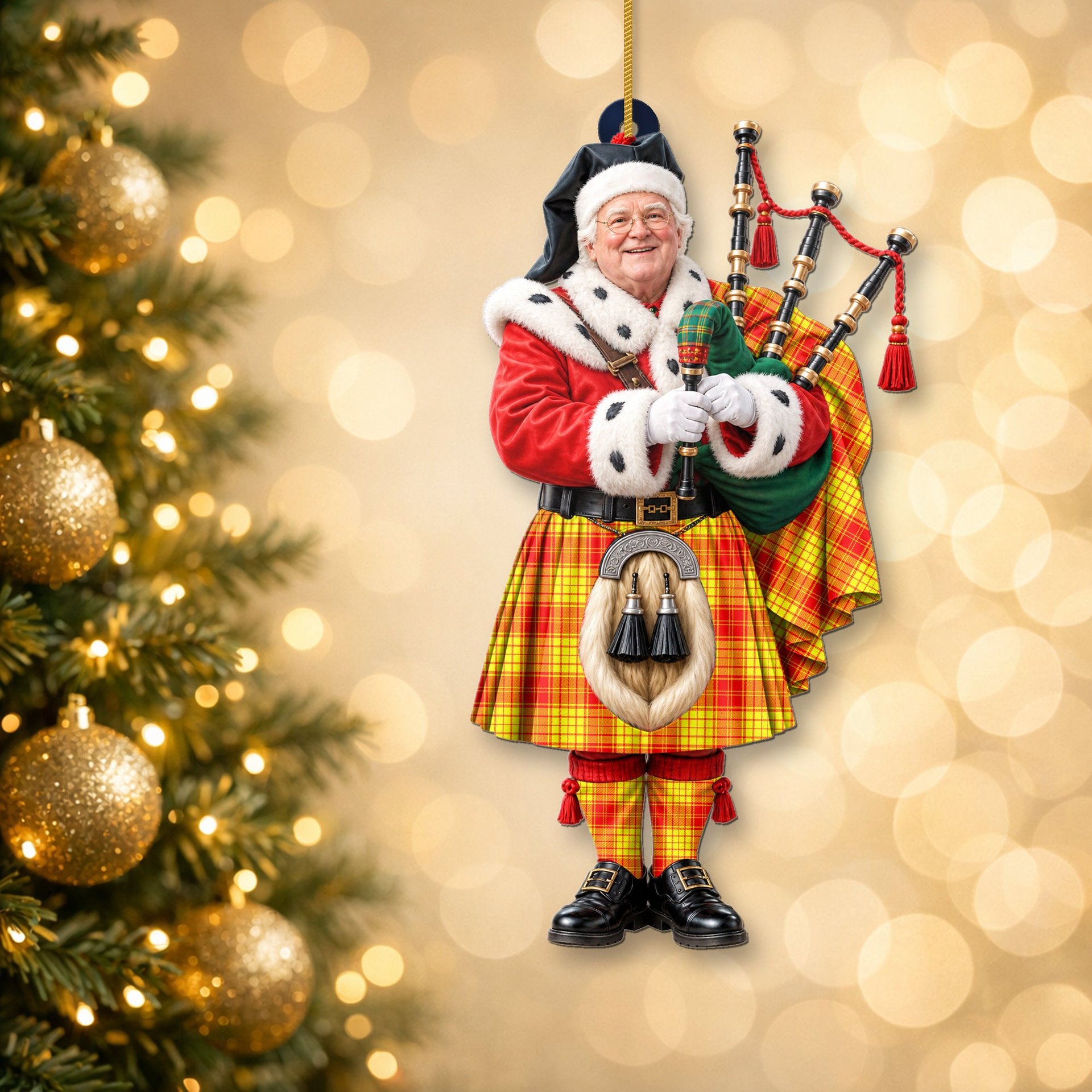 ScotsTee Shop Scottish Macmillan Tartan Ornament Christmas Piper with Custom Your Face Photo