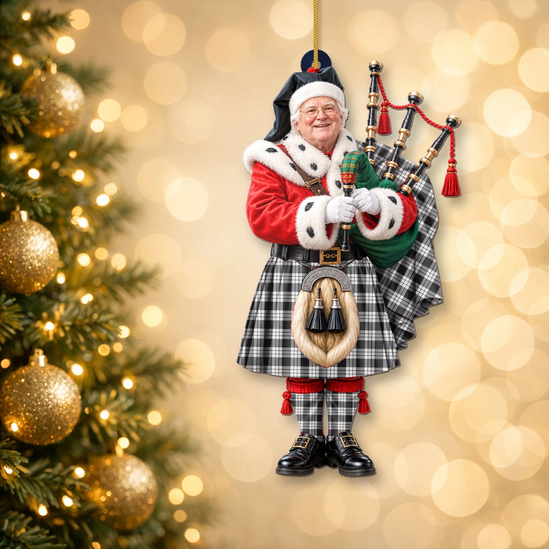 ScotsTee Shop Scottish Macfarlane Black White Ancient Tartan Ornament Christmas Piper with Custom Your Face Photo