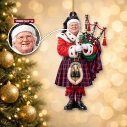 ScotsTee Shop Scottish Maclachlan Modern Tartan Ornament Christmas Piper with Custom Your Face Photo
