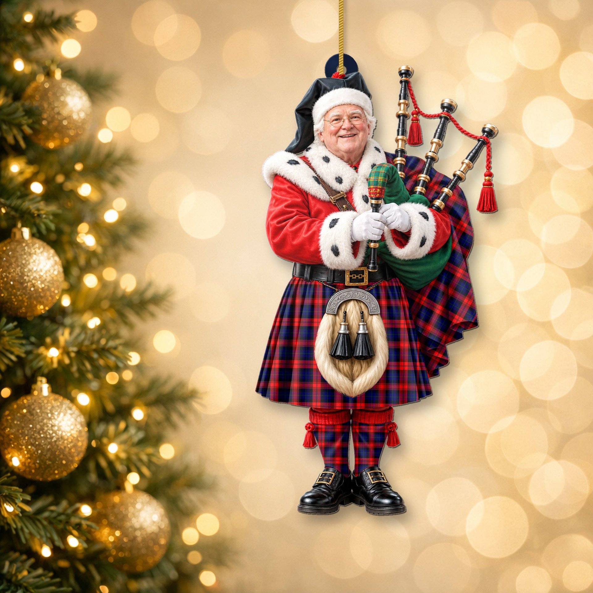ScotsTee Shop Scottish Maclachlan Modern Tartan Ornament Christmas Piper with Custom Your Face Photo