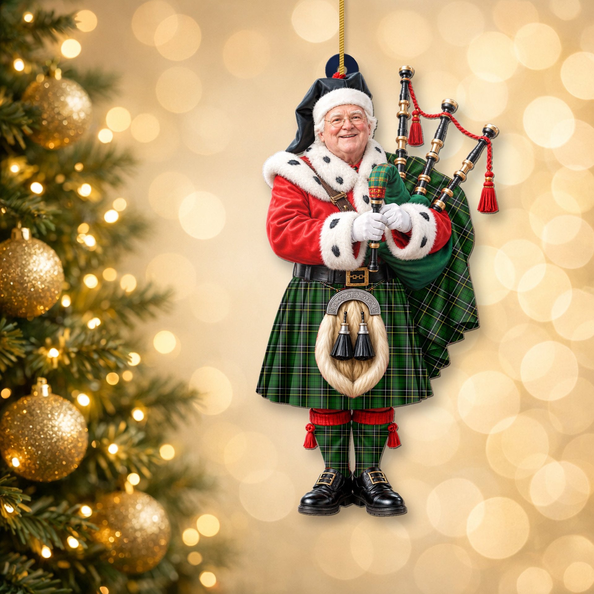 ScotsTee Shop Scottish Macalpin Modern Tartan Ornament Christmas Piper with Custom Your Face Photo