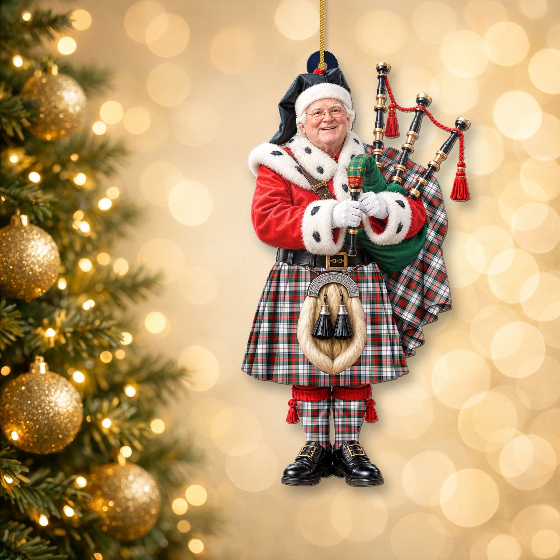 ScotsTee Shop Scottish Macduff Dress Modern Tartan Ornament Christmas Piper with Custom Your Face Photo