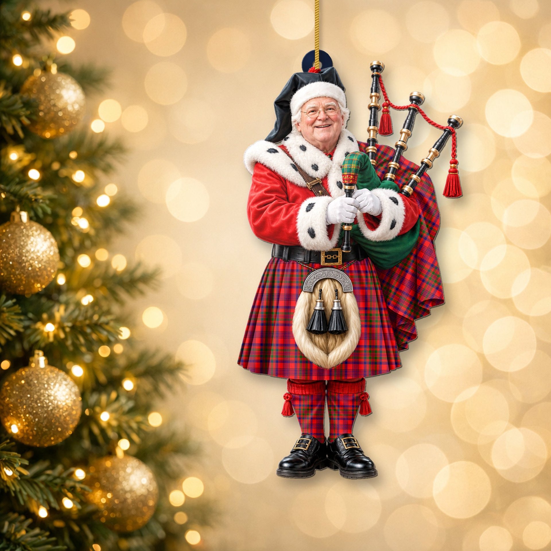 ScotsTee Shop Scottish Murray Of Tulloch Modern Tartan Ornament Christmas Piper with Custom Your Face Photo