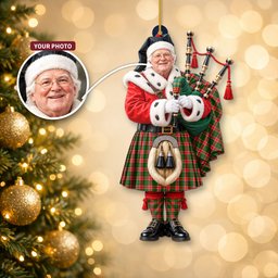 ScotsTee Shop Scottish Pollock Modern Tartan Ornament Christmas Piper with Custom Your Face Photo