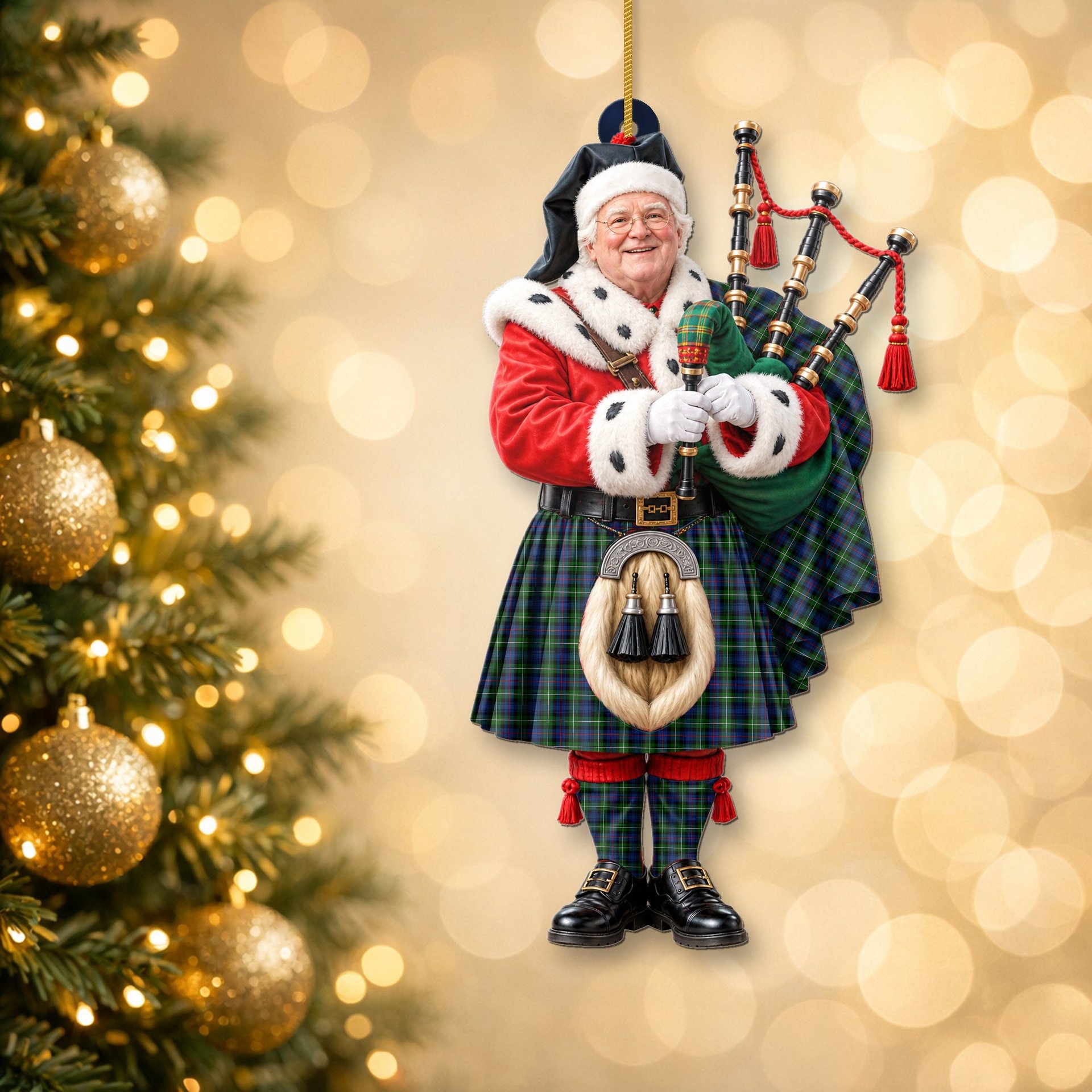 ScotsTee Shop Scottish Mackenzie Modern Tartan Ornament Christmas Piper with Custom Your Face Photo
