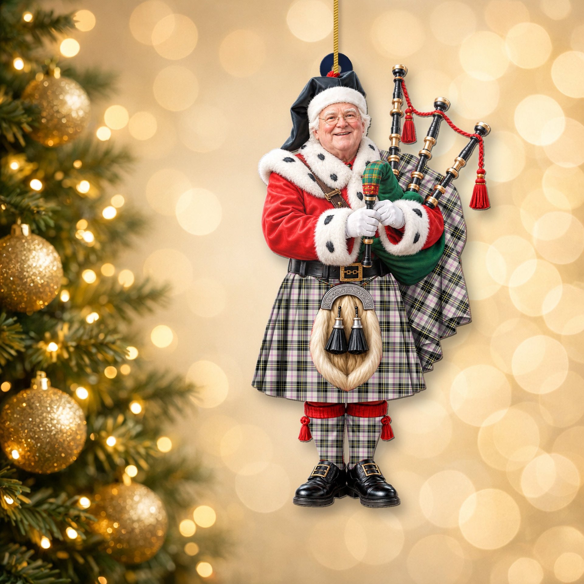 ScotsTee Shop Scottish Macpherson Dress Ancient Tartan Ornament Christmas Piper with Custom Your Face Photo