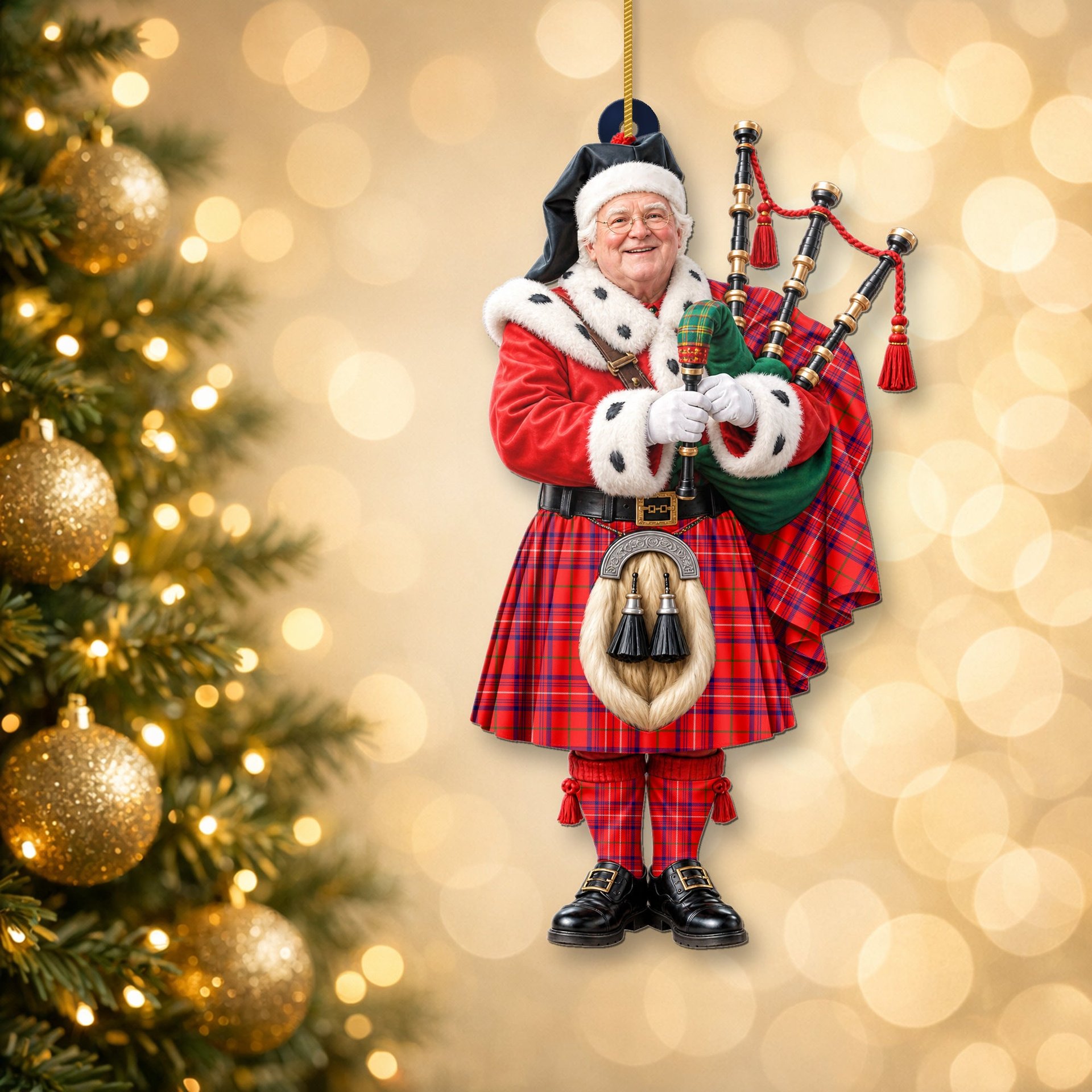 ScotsTee Shop Scottish Rose Tartan Ornament Christmas Piper with Custom Your Face Photo