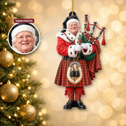 ScotsTee Shop Scottish Macphee Modern Tartan Ornament Christmas Piper with Custom Your Face Photo