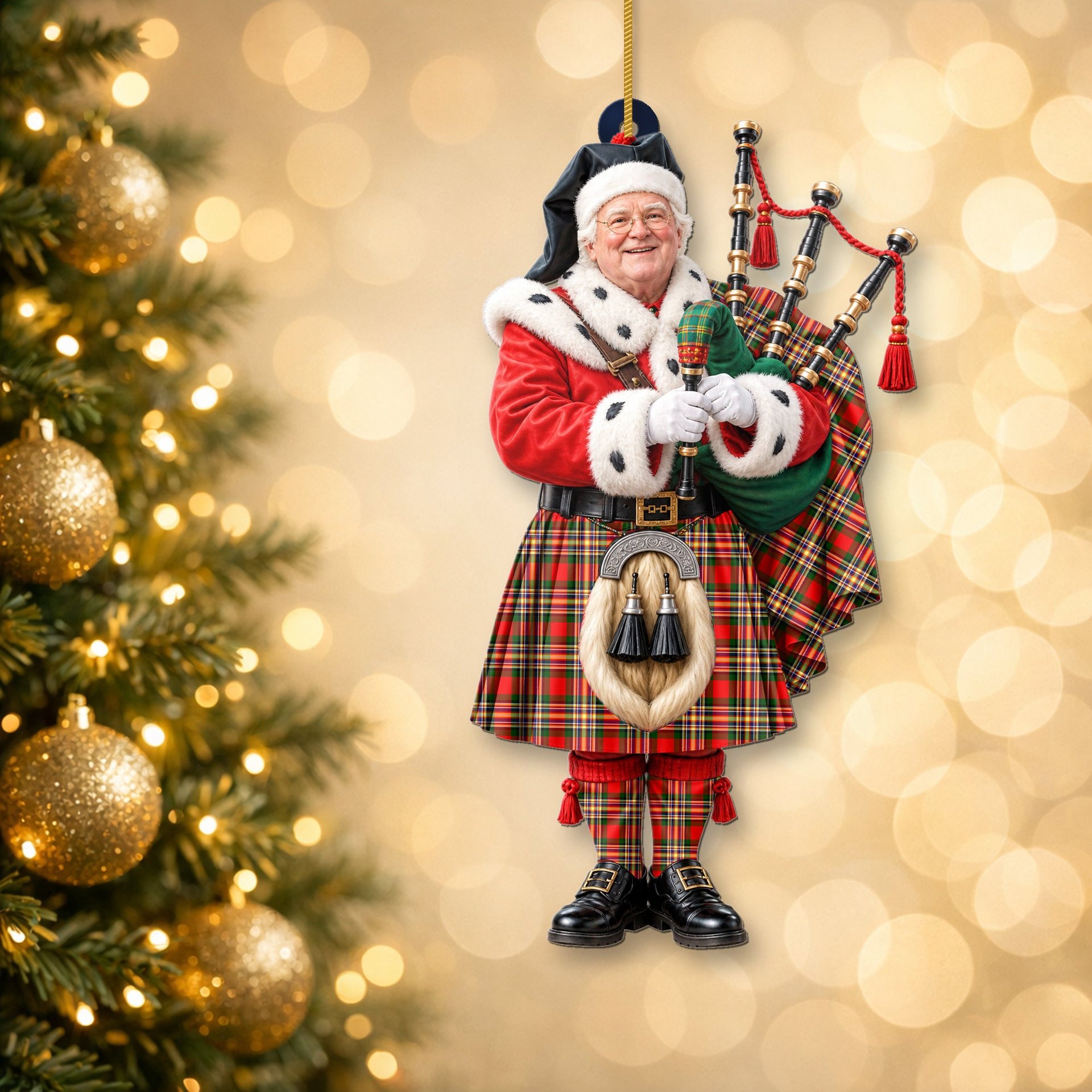 ScotsTee Shop Scottish Macgill Modern Tartan Ornament Christmas Piper with Custom Your Face Photo
